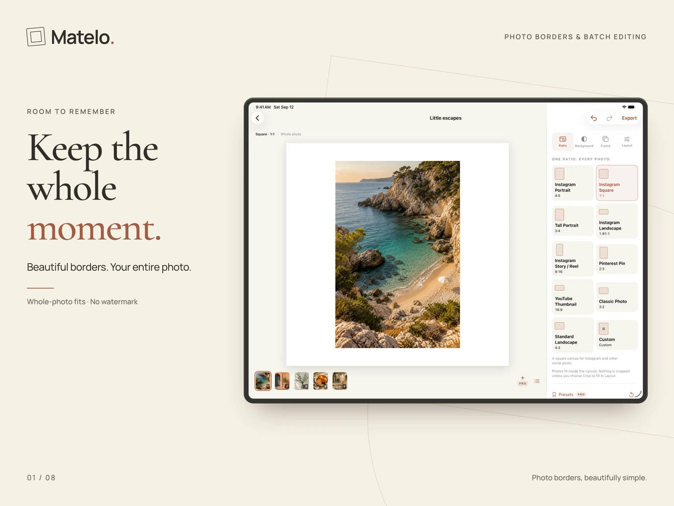 Matelo on iPad: Whole-photo editing with an entire coastal photograph inside a clean border.