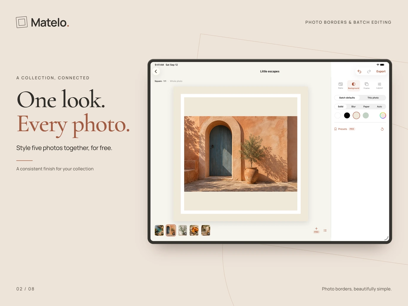 Matelo on iPad: A five-photo batch with a shared border style.