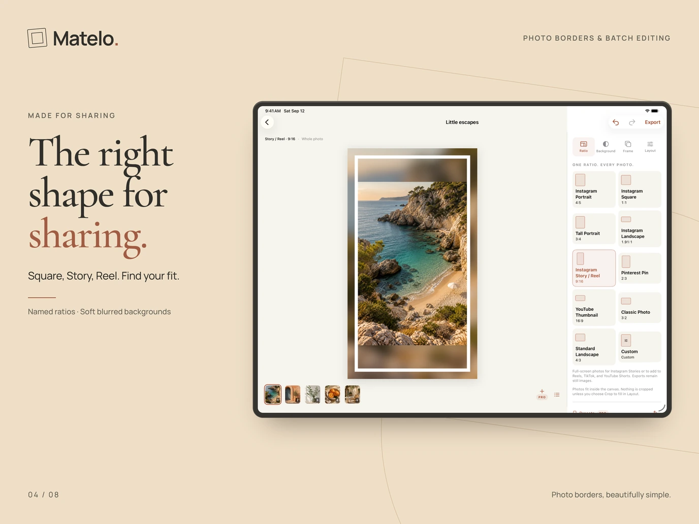 Matelo on iPad: Named social aspect ratios and a soft blurred photo background.