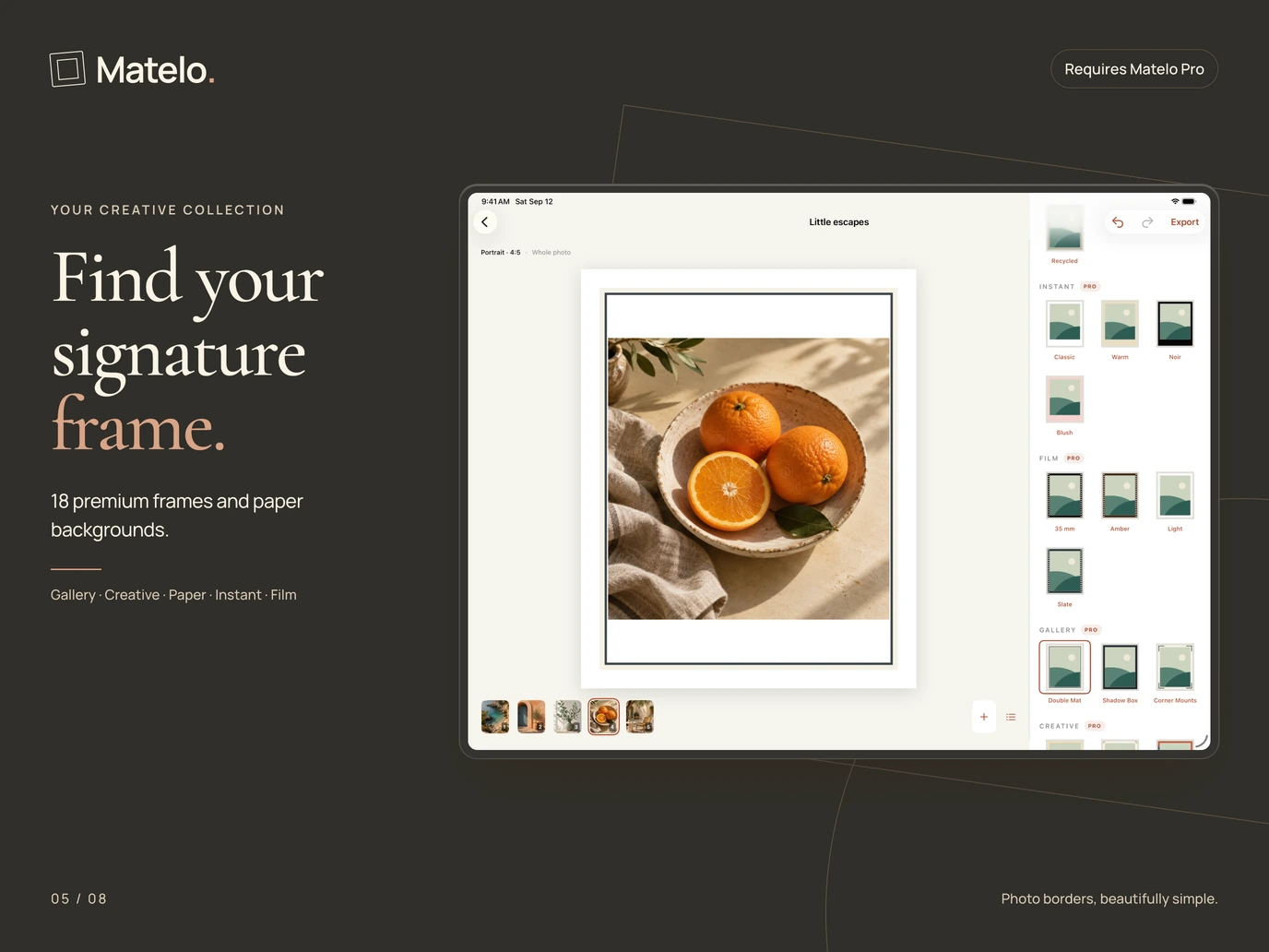 Matelo on iPad: The premium frame picker with a rendered frame preview.
