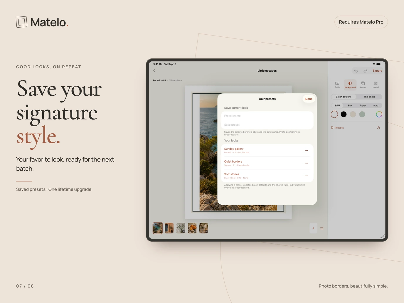 Matelo on iPad: Three saved Pro presets: Sunday gallery, Quiet borders and Soft stories.