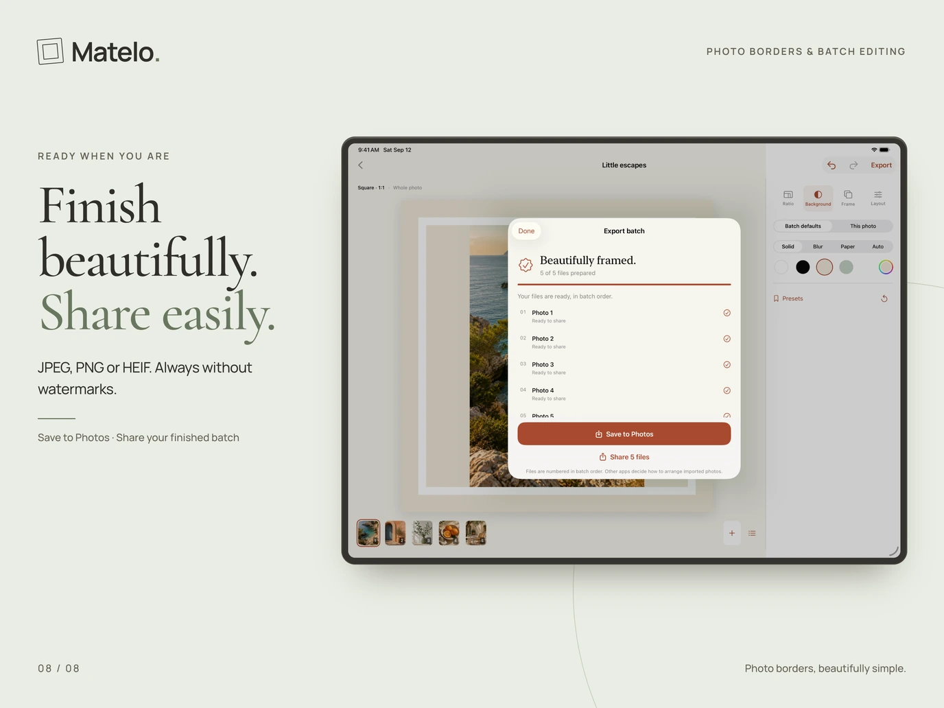 Matelo on iPad: A completed five-photo export, ready to save or share.