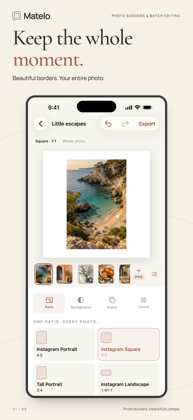 Matelo on iPhone: Whole-photo editing with an entire coastal photograph inside a clean border.