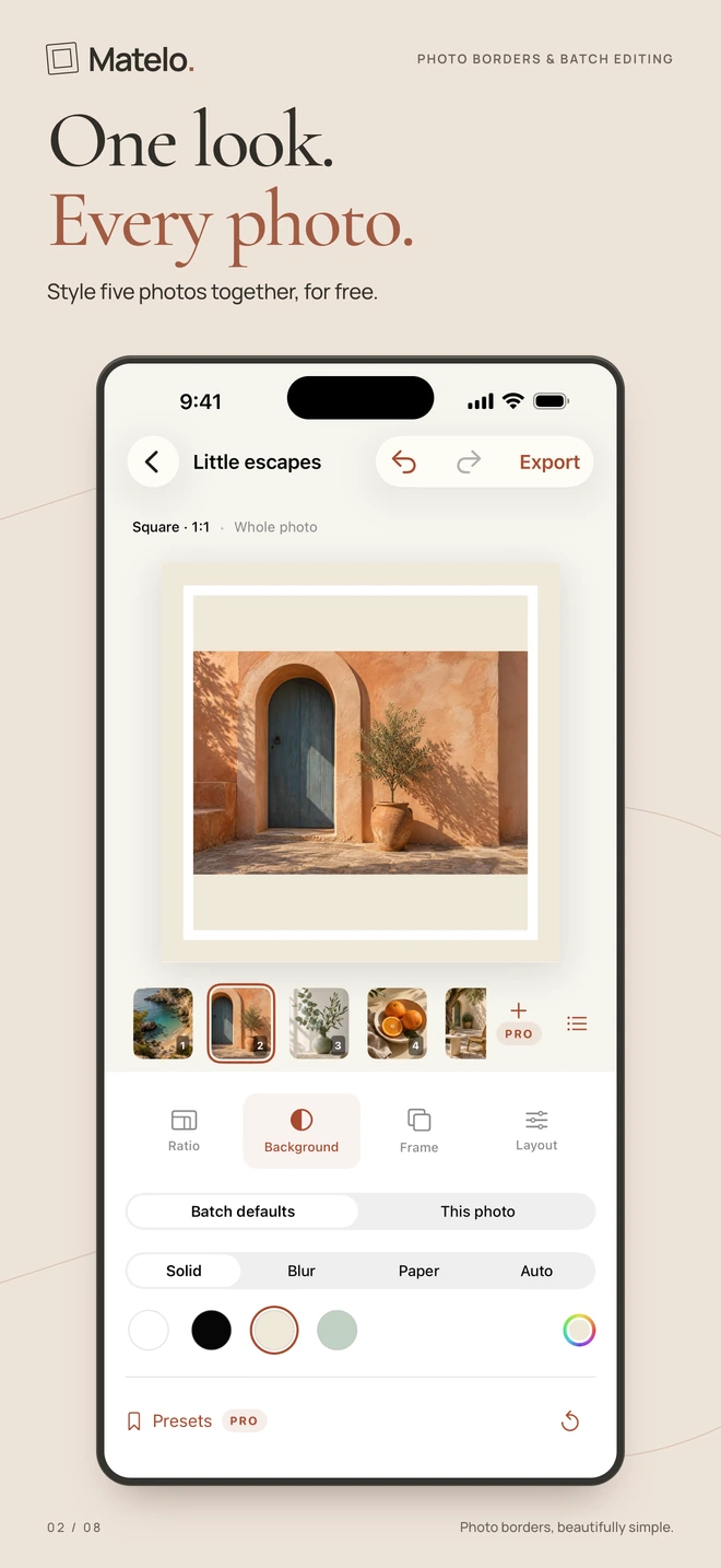 Matelo on iPhone: A five-photo batch with a shared border style.