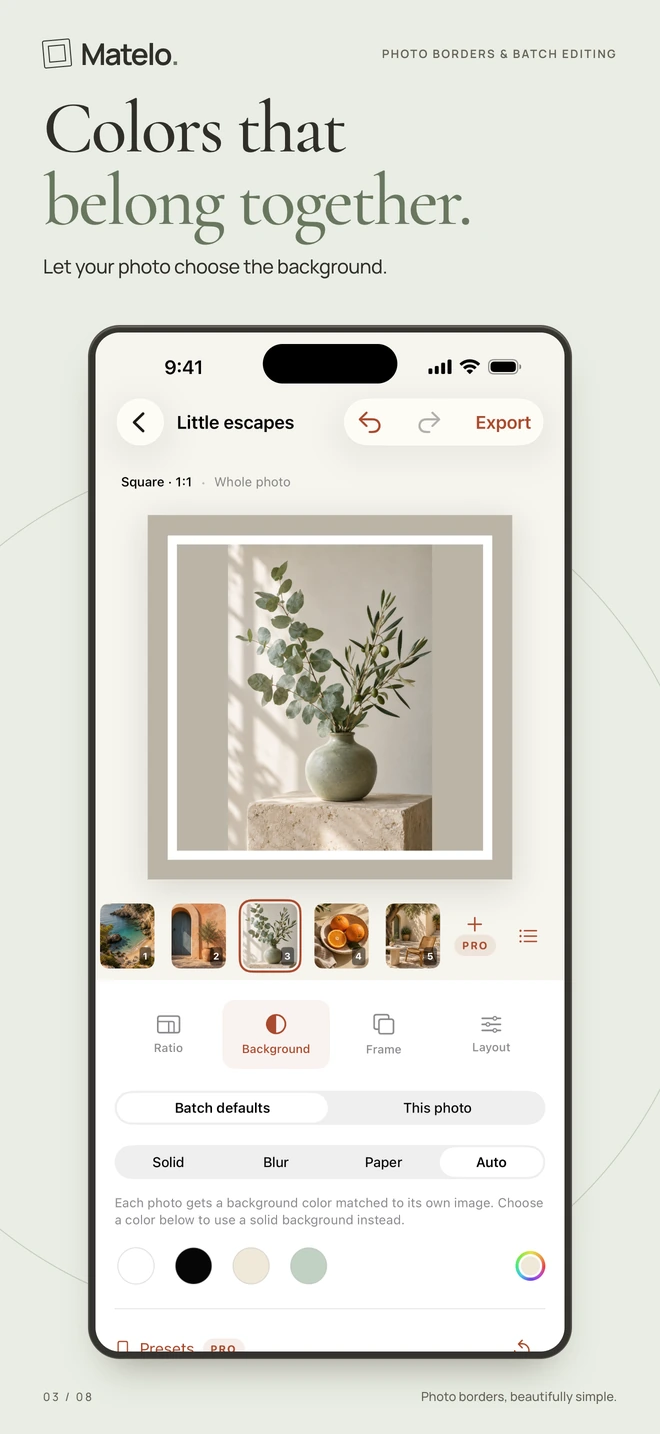 Matelo on iPhone: Automatic background colour matching, selected in the photo editor.