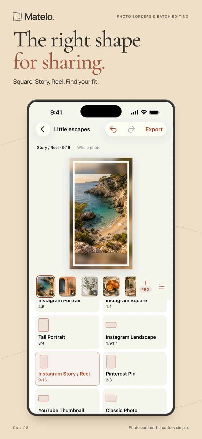 Matelo on iPhone: Named social aspect ratios and a soft blurred photo background.