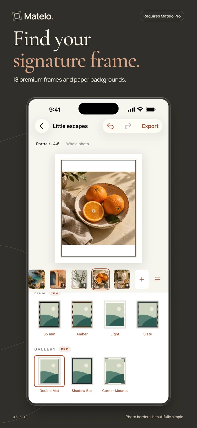 Matelo on iPhone: The premium frame picker with a rendered frame preview.