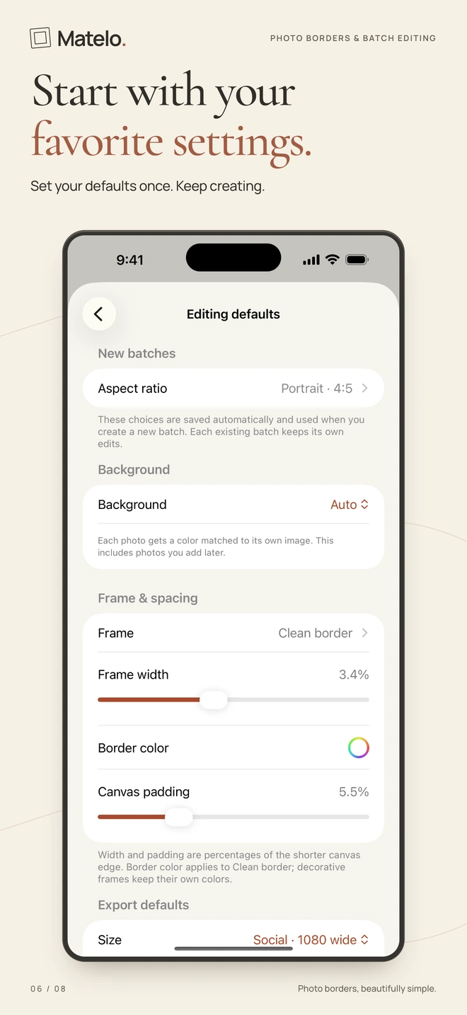Matelo on iPhone: Editing defaults for the next batch, including ratio, background and frame settings.