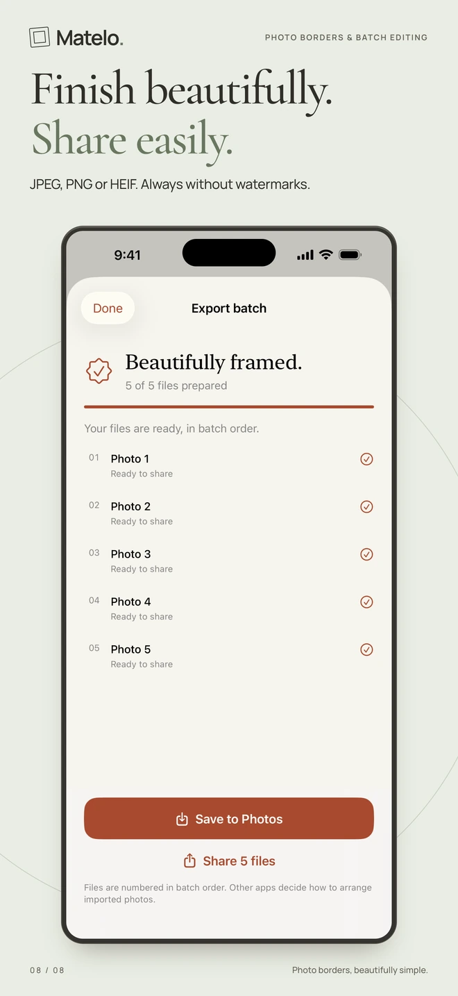 Matelo on iPhone: A completed five-photo export, ready to save or share.